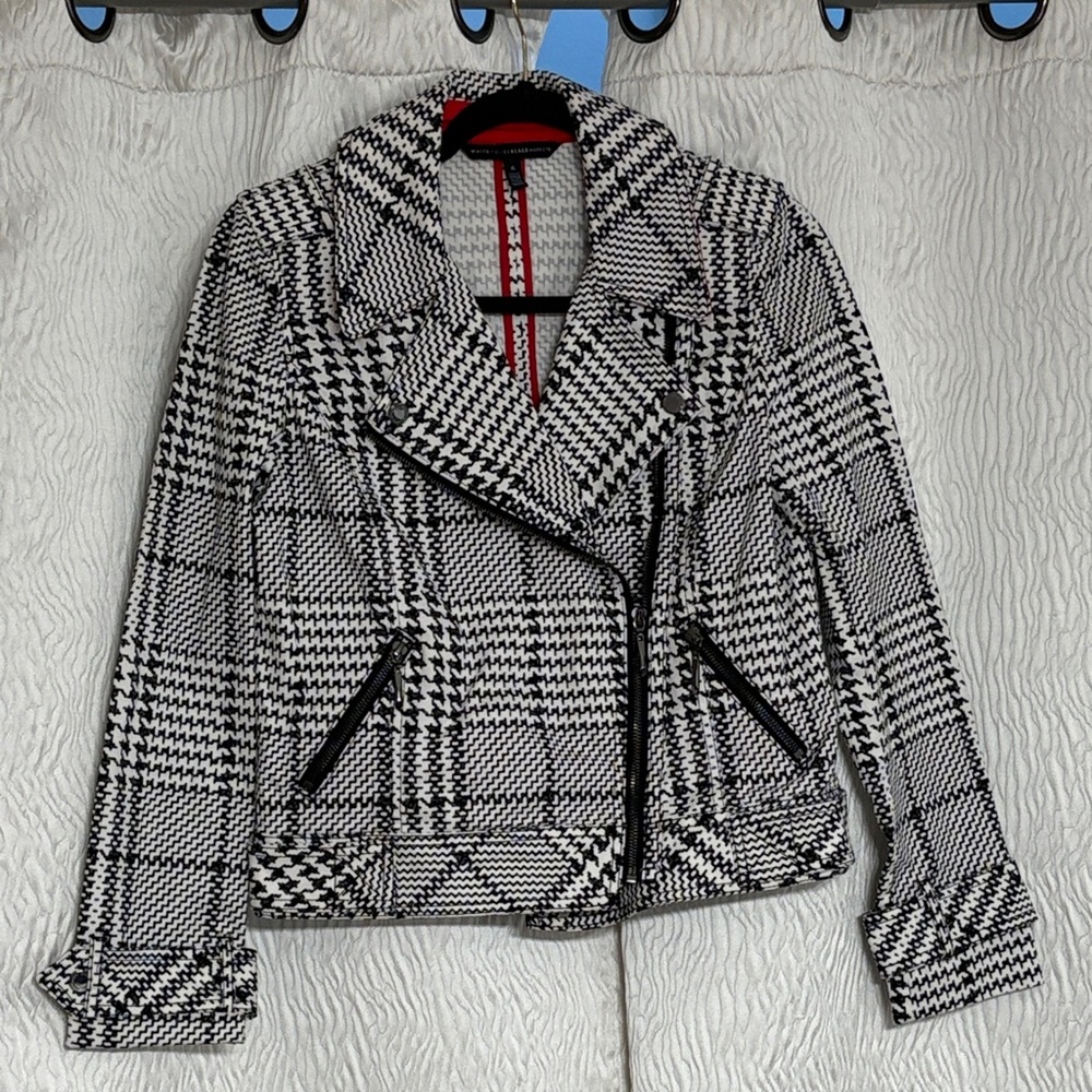 White House Black Market Blazer Jacket Houndstooth Zip Up Shoulder Pads-Size 6